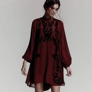 $350 Free People Size 2 Sheer Long Sleeve Brocade Sequin Dress